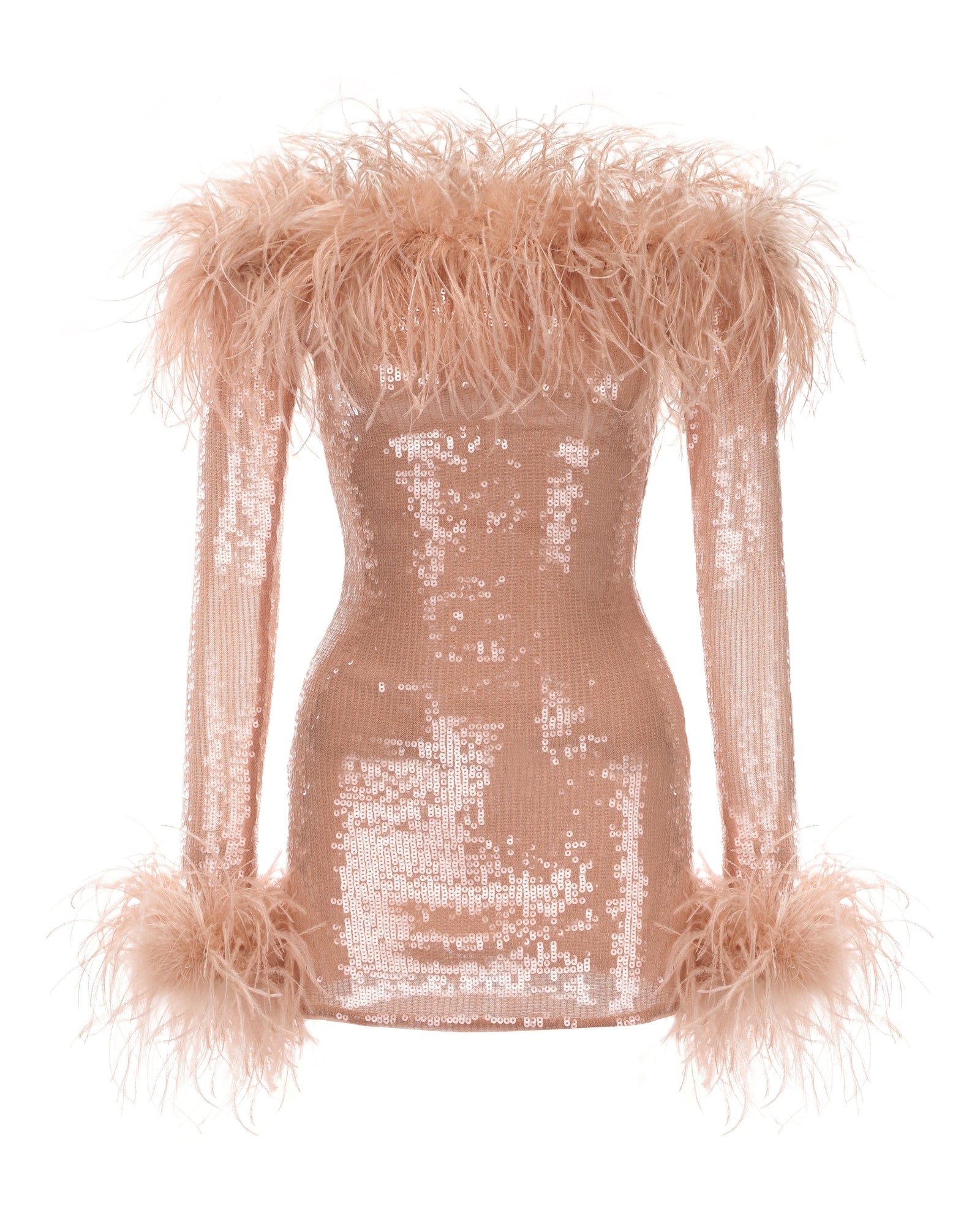 Sequin mini dress with feathered shoulders and sleeves on a white background