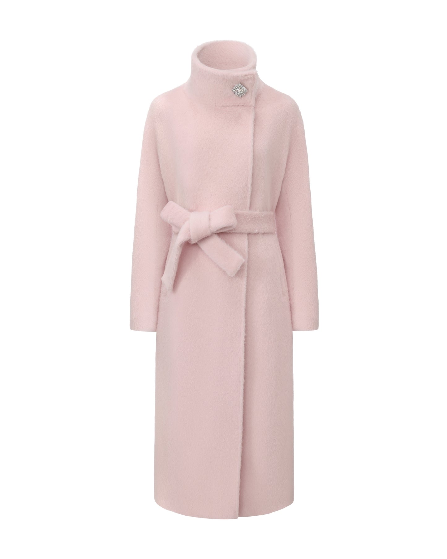Pink coat with a belt on a white background