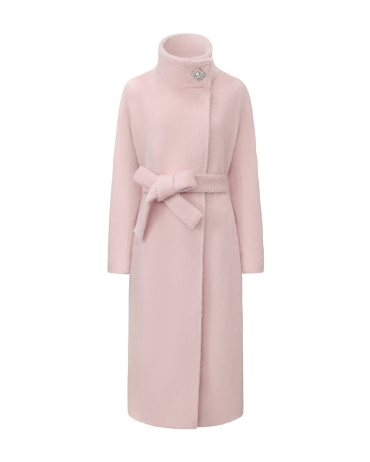 Pink coat with a belt on a white background