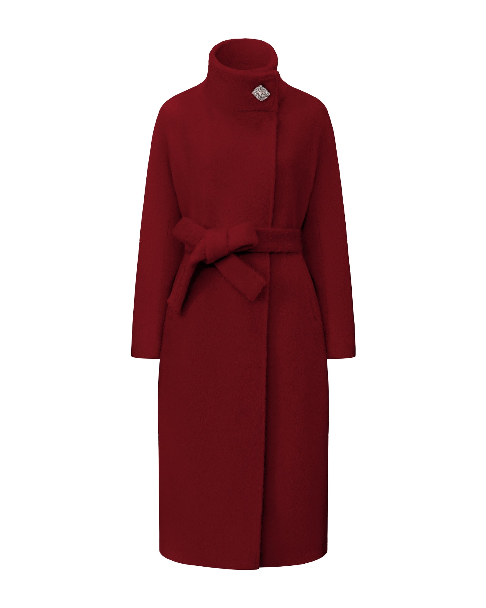 Red long winter coat with collar diamond button for women on a white background