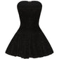 Black strapless glitter sequin detailing dress with a flared skirt on a white background