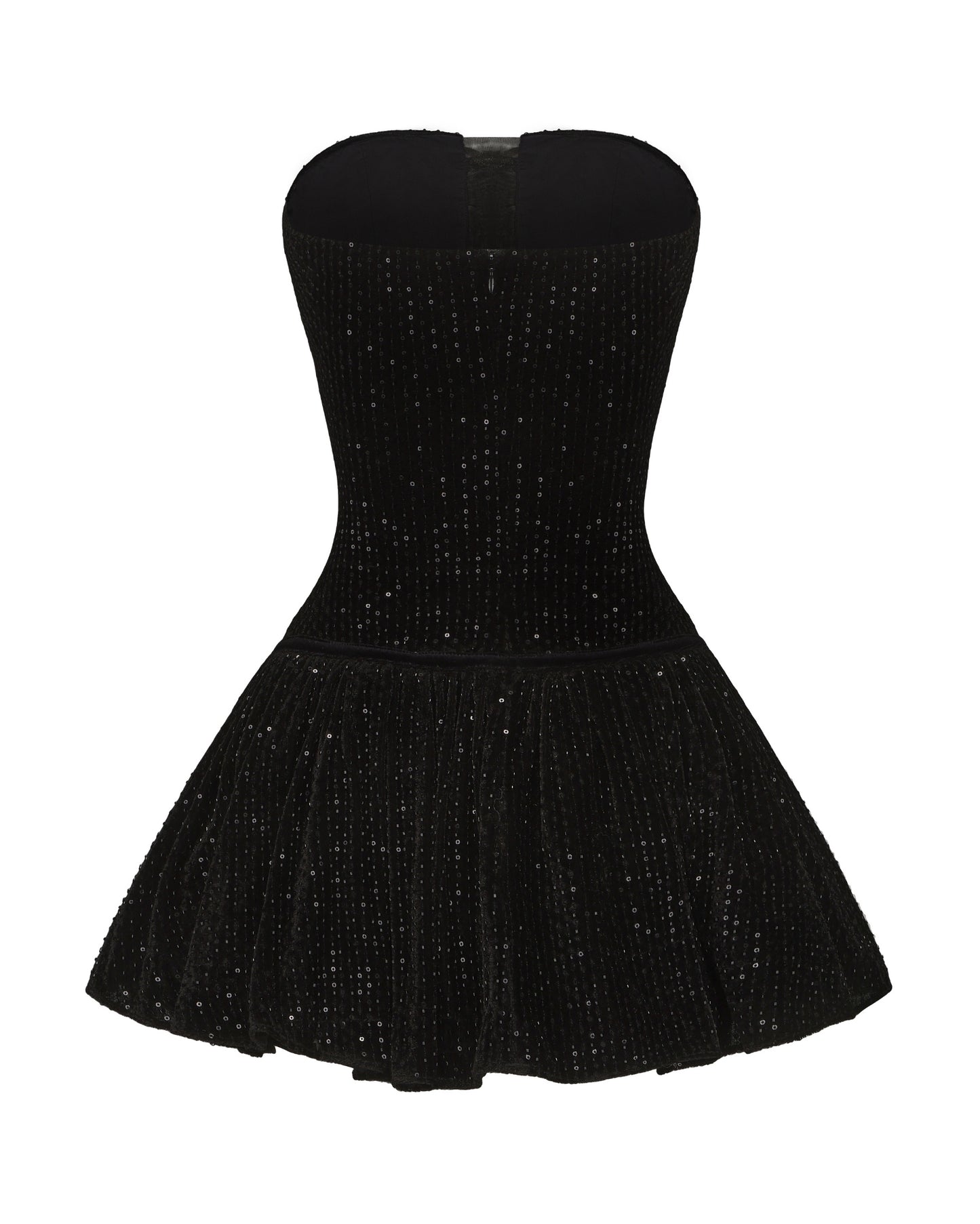 Black strapless glitter sequin detailing dress with a flared skirt on a white background