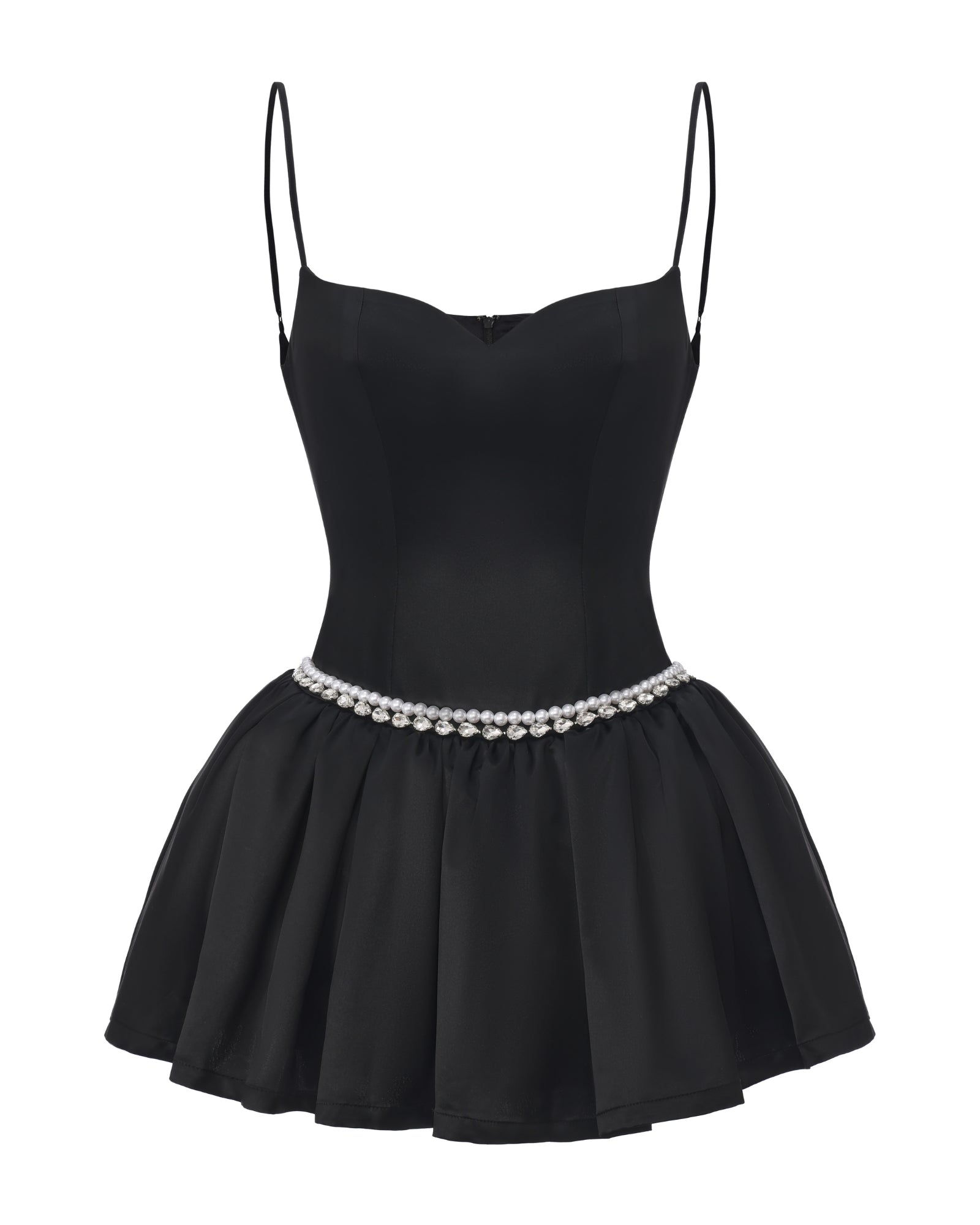 Black dress with thin straps and pearl belt on a white background