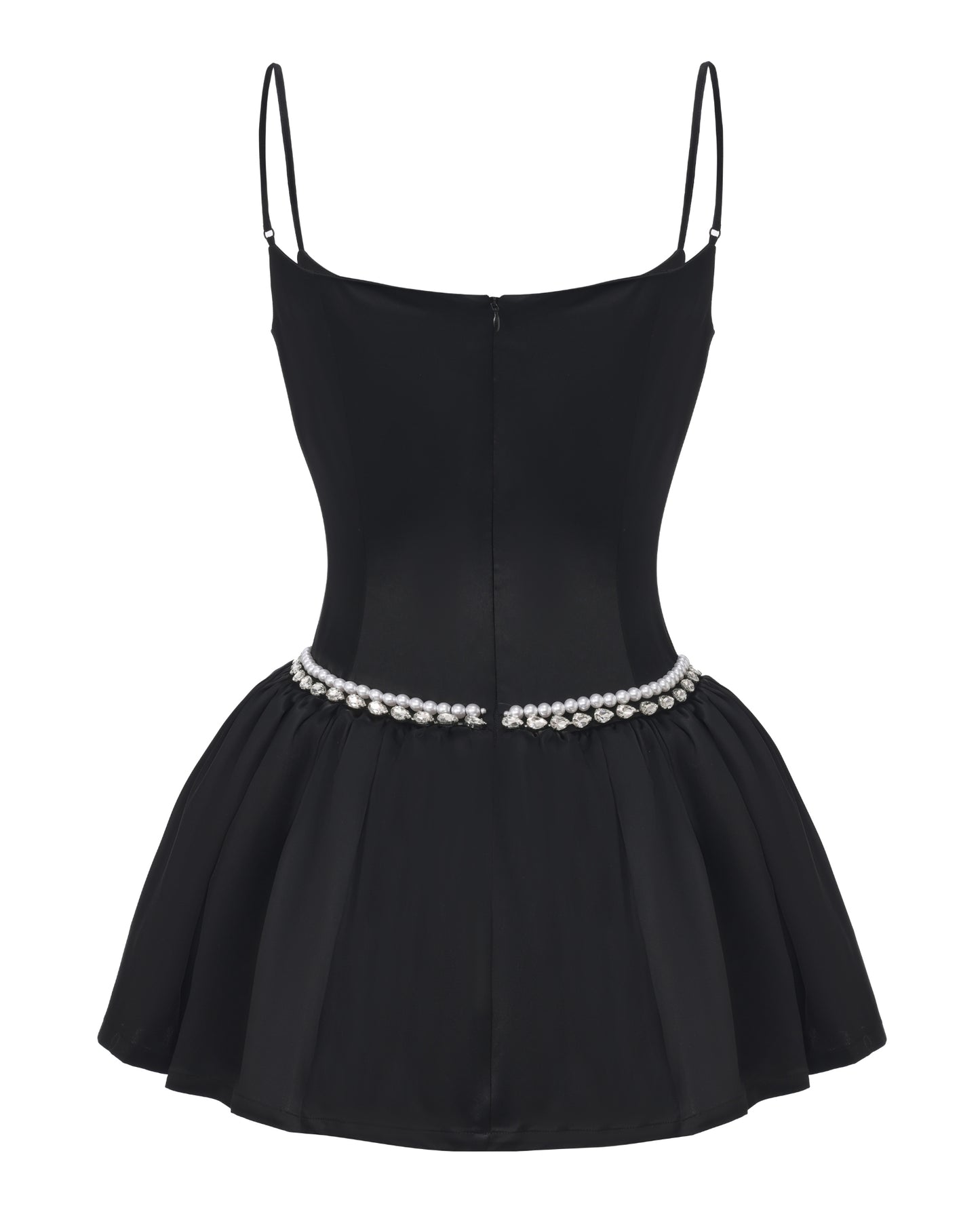 Black dress with thin straps and pearl belt on a white background