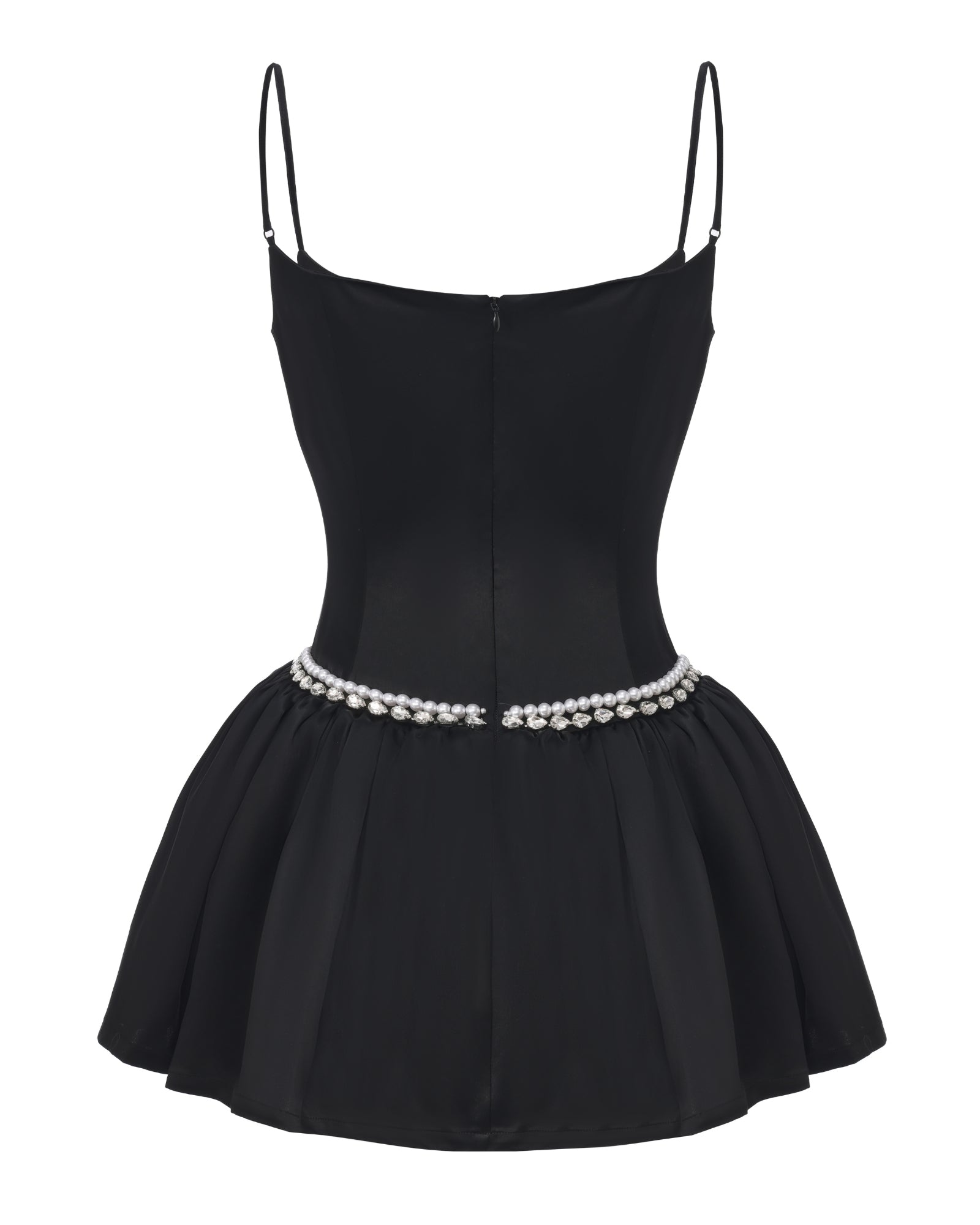 Black dress with thin straps and pearl belt on a white background