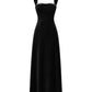 Black velvet maxi dress with diamonds details on a white background