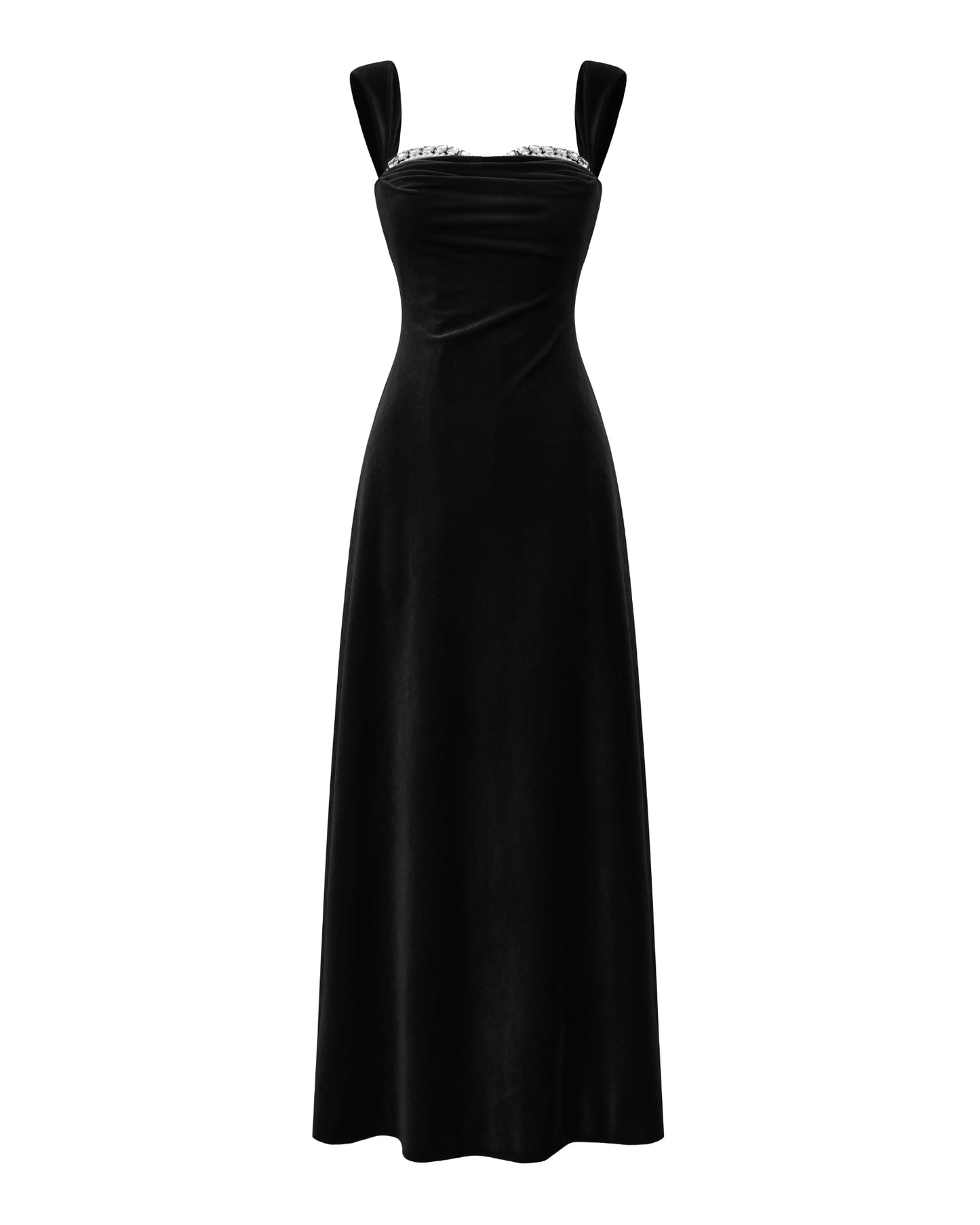 Black velvet maxi dress with diamonds details on a white background