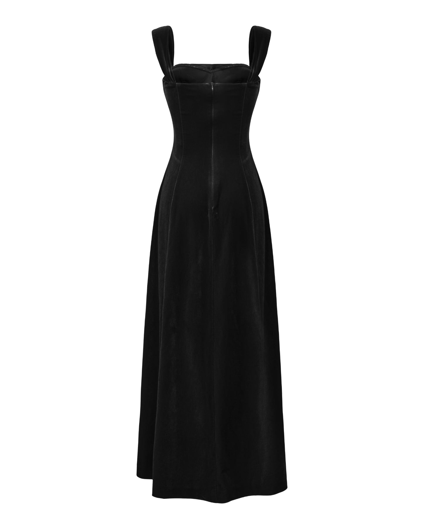 Black velvet maxi dress on a white background