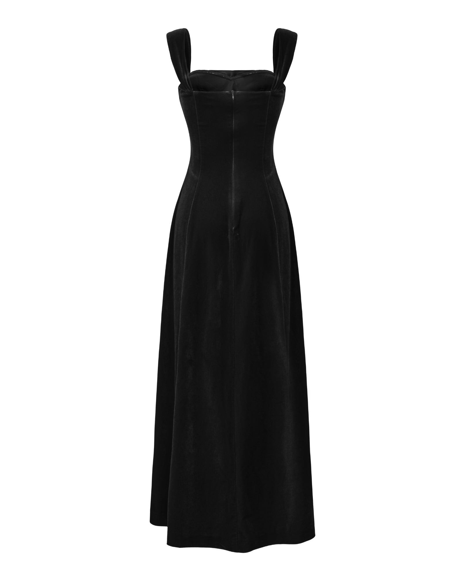 Black velvet maxi dress on a white background
