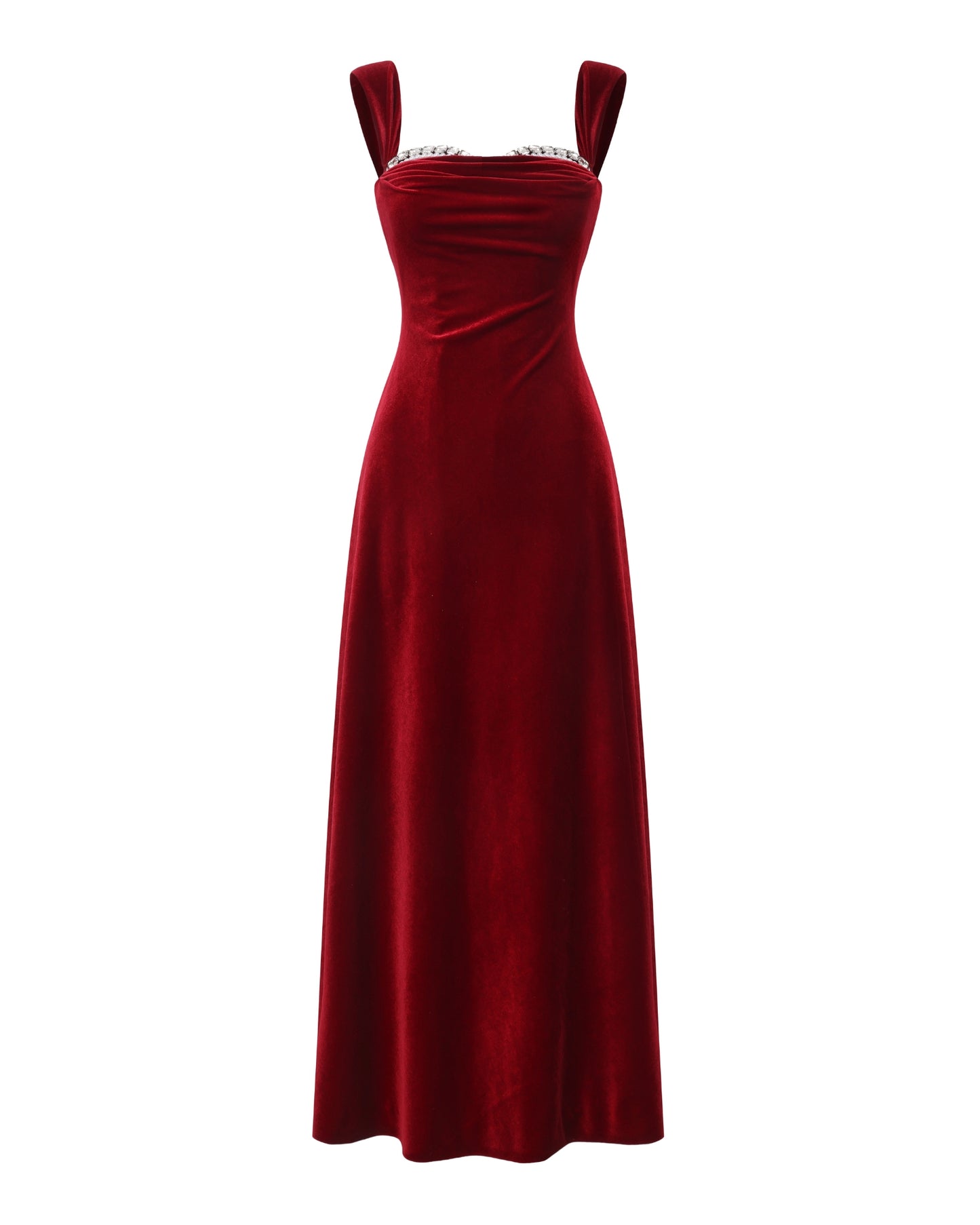 Red velvet evening gown with diamond details on a white background