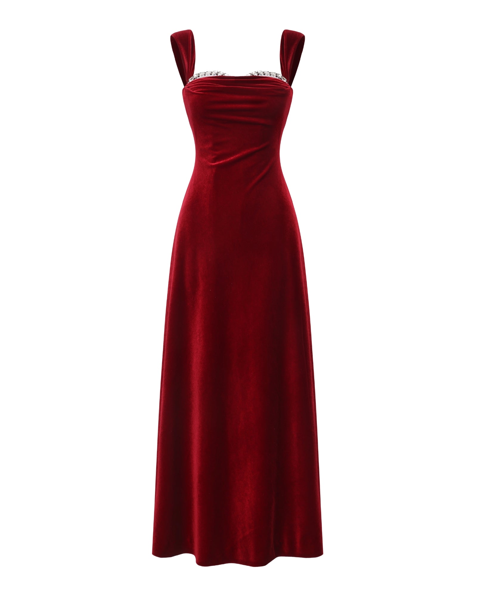 Red velvet evening gown with diamond details on a white background