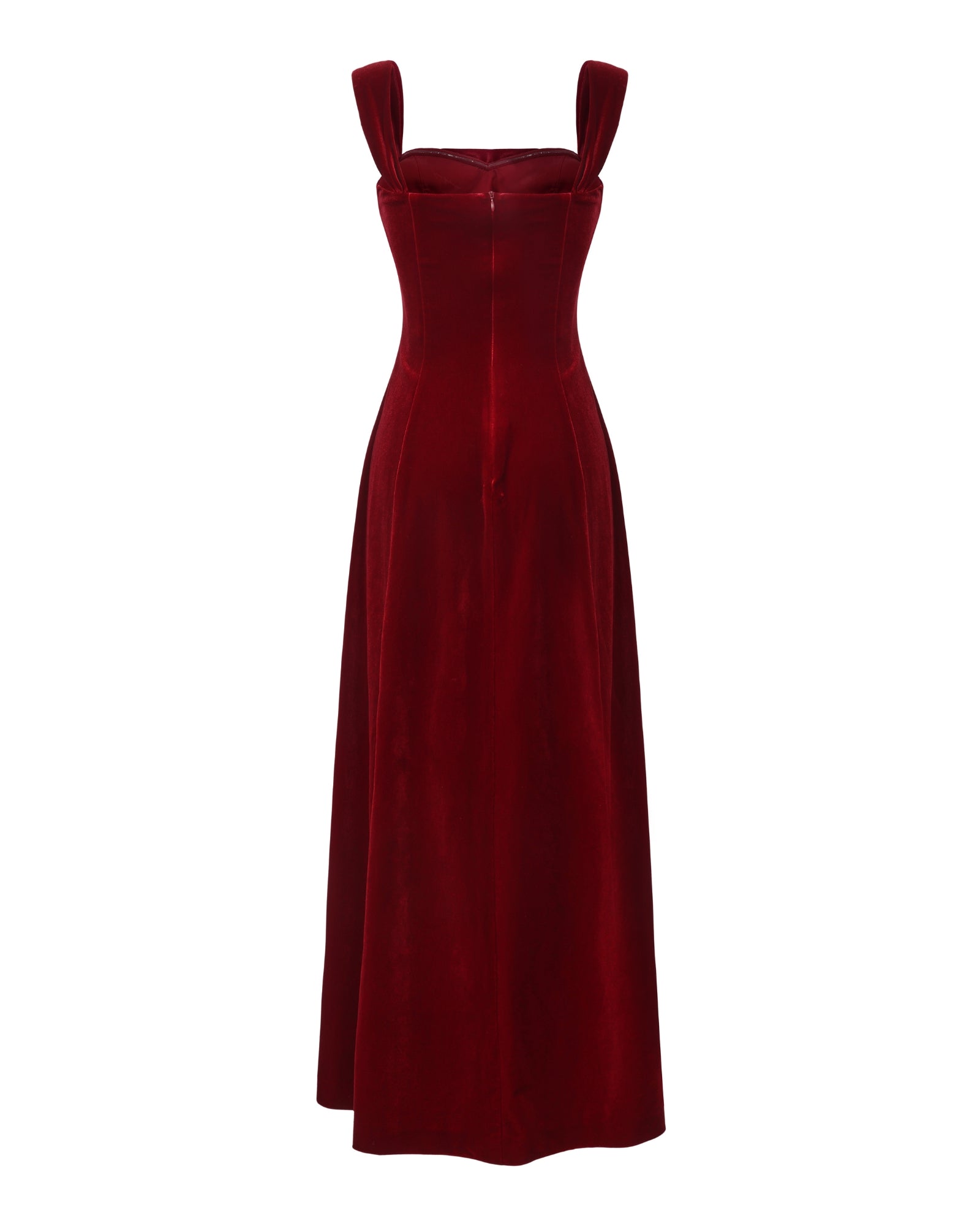Red velvet evening gown on a white background