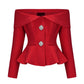 Red ooff-shoulder long sleeve top with decorative rhinestone button on a white background