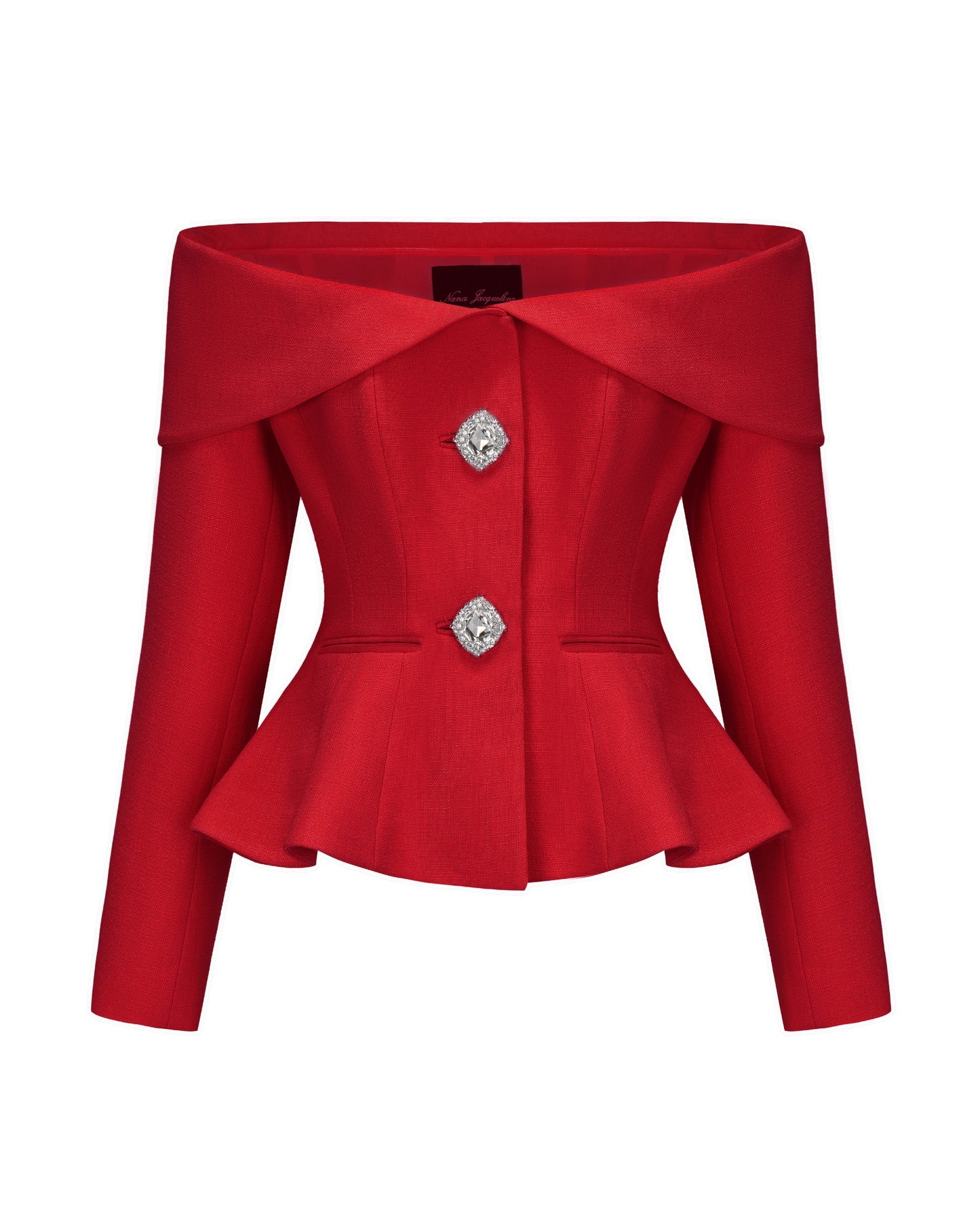 Red ooff-shoulder long sleeve top with decorative rhinestone button on a white background