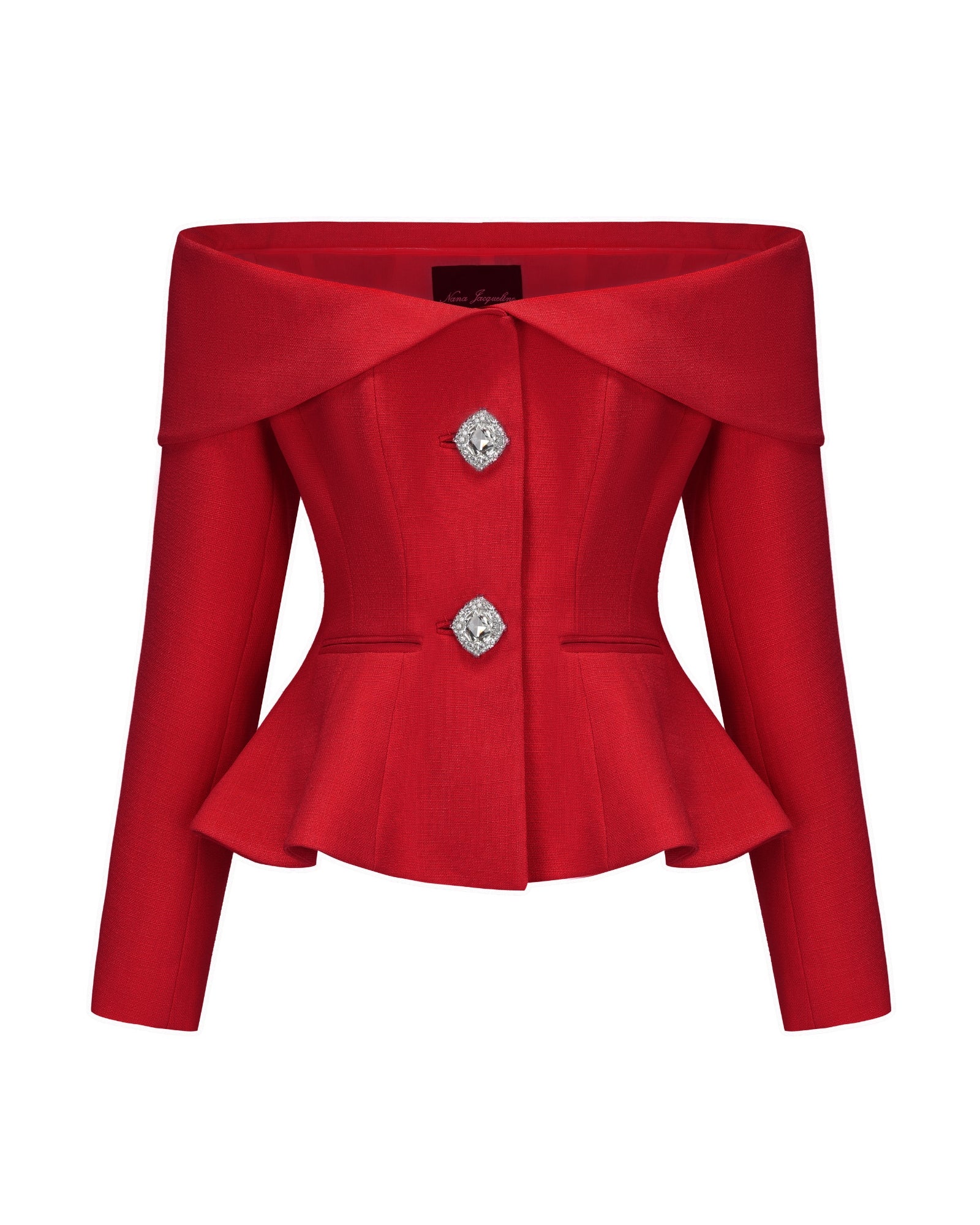 Red ooff-shoulder long sleeve top with decorative rhinestone button on a white background