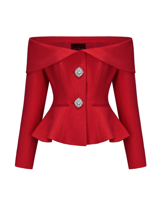 Red ooff-shoulder long sleeve top with decorative rhinestone button on a white background