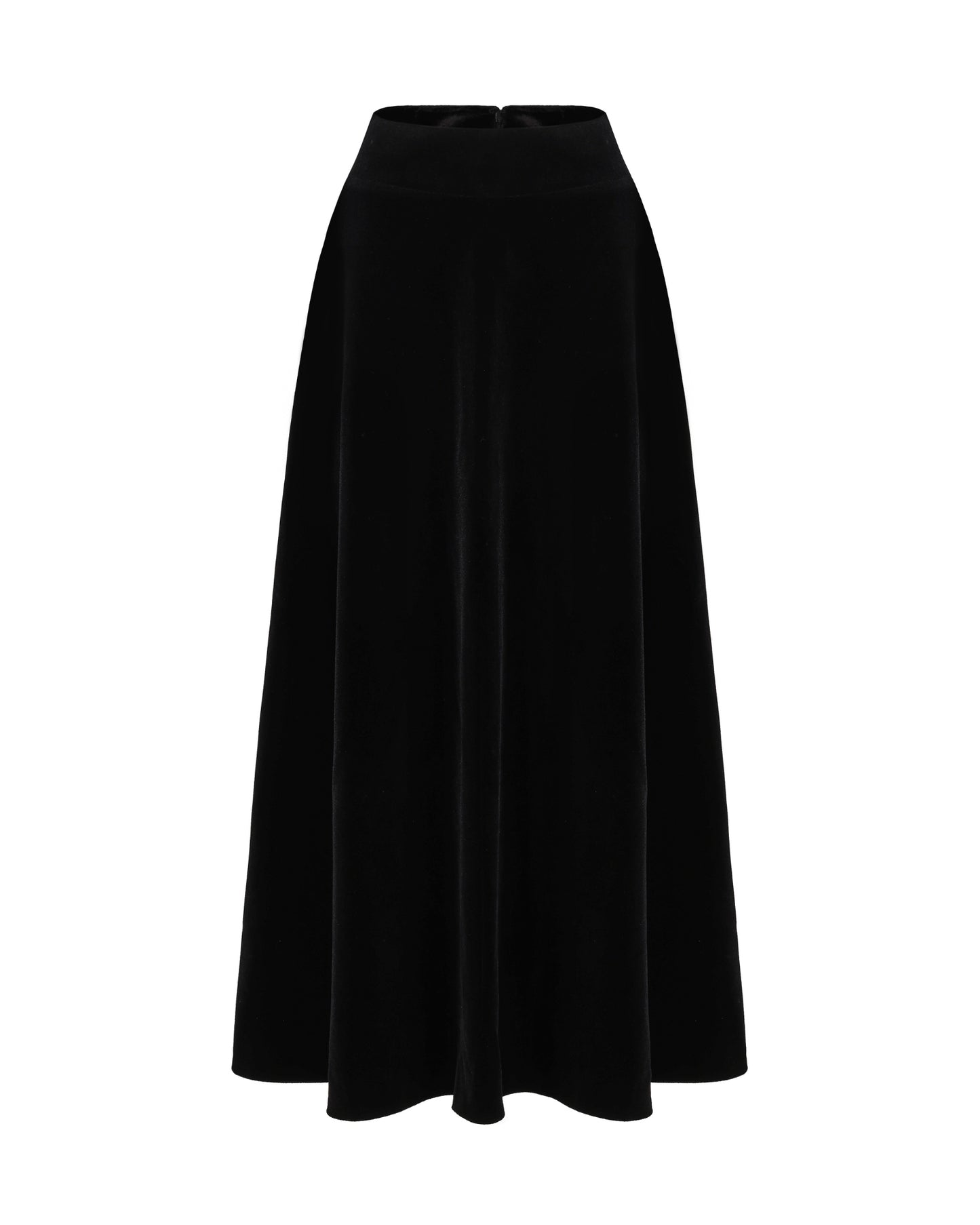 Black velvet maxi skirt on a white background