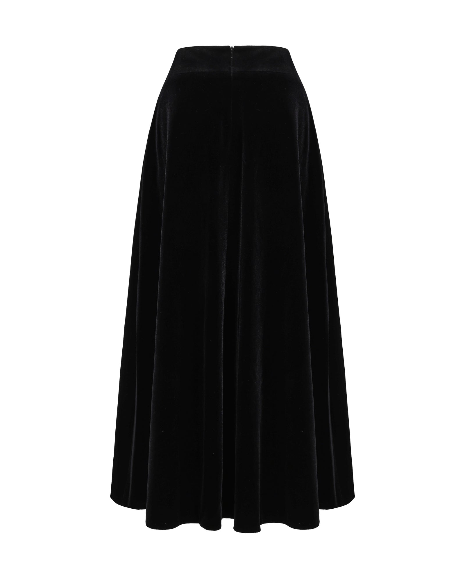 Black velvet maxi skirt on a white background