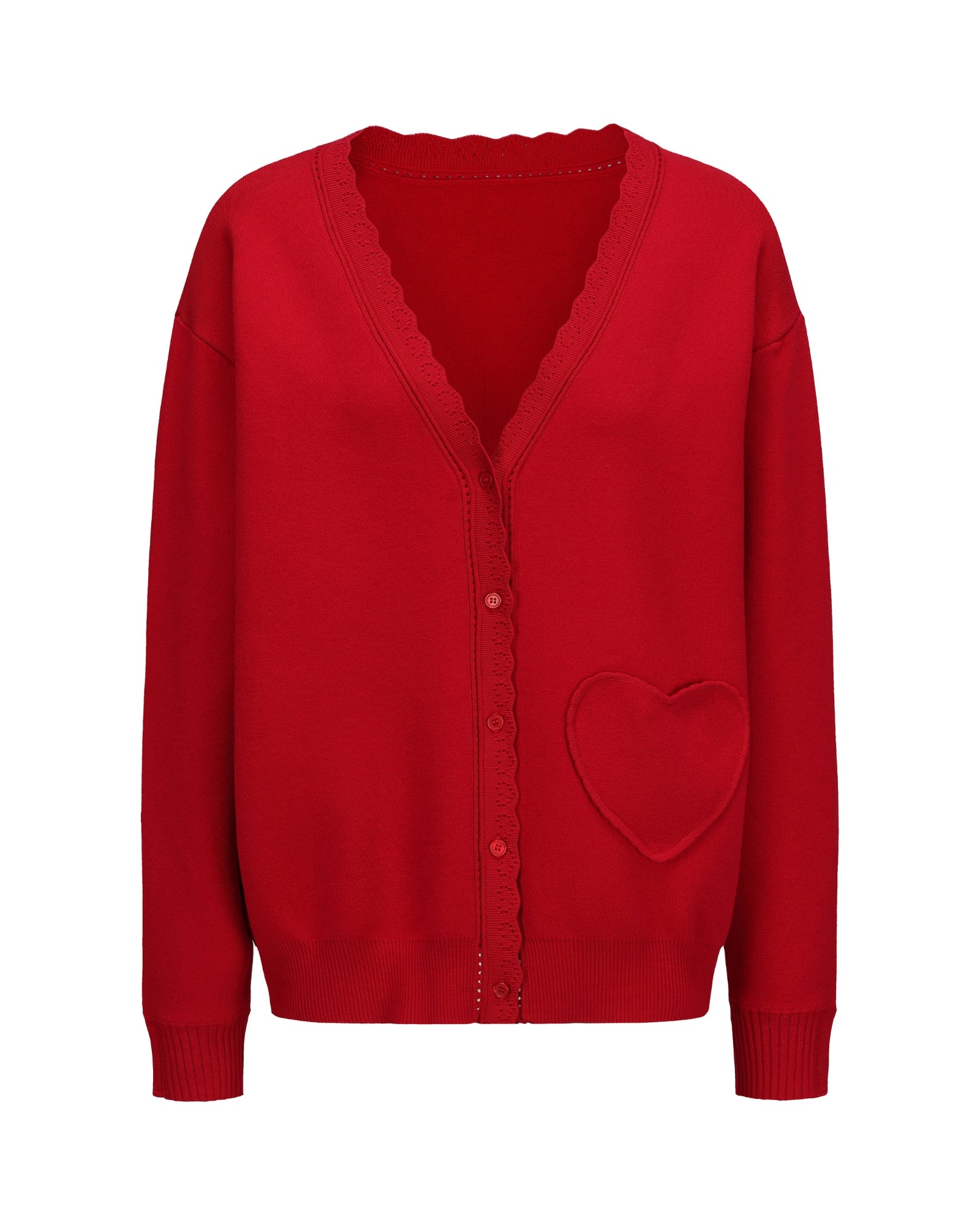 Red oversized cardigan with a heart pocket on a white background