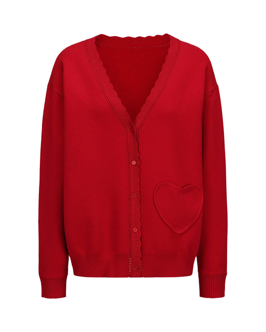 Red oversized cardigan with a heart pocket on a white background