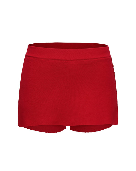 Red knitted shorts for women on a white background