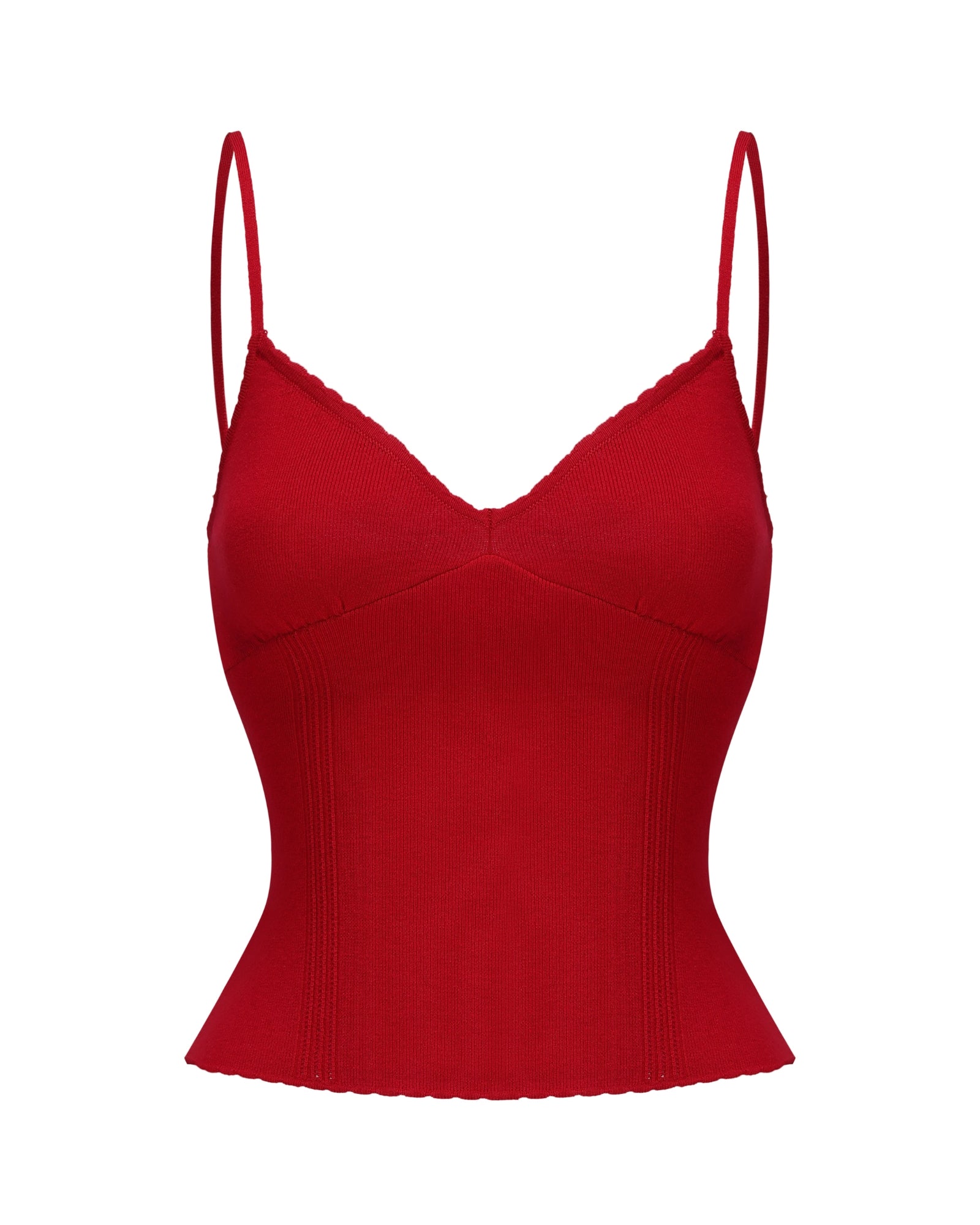 Red spaghetti strap knitted top on a white background