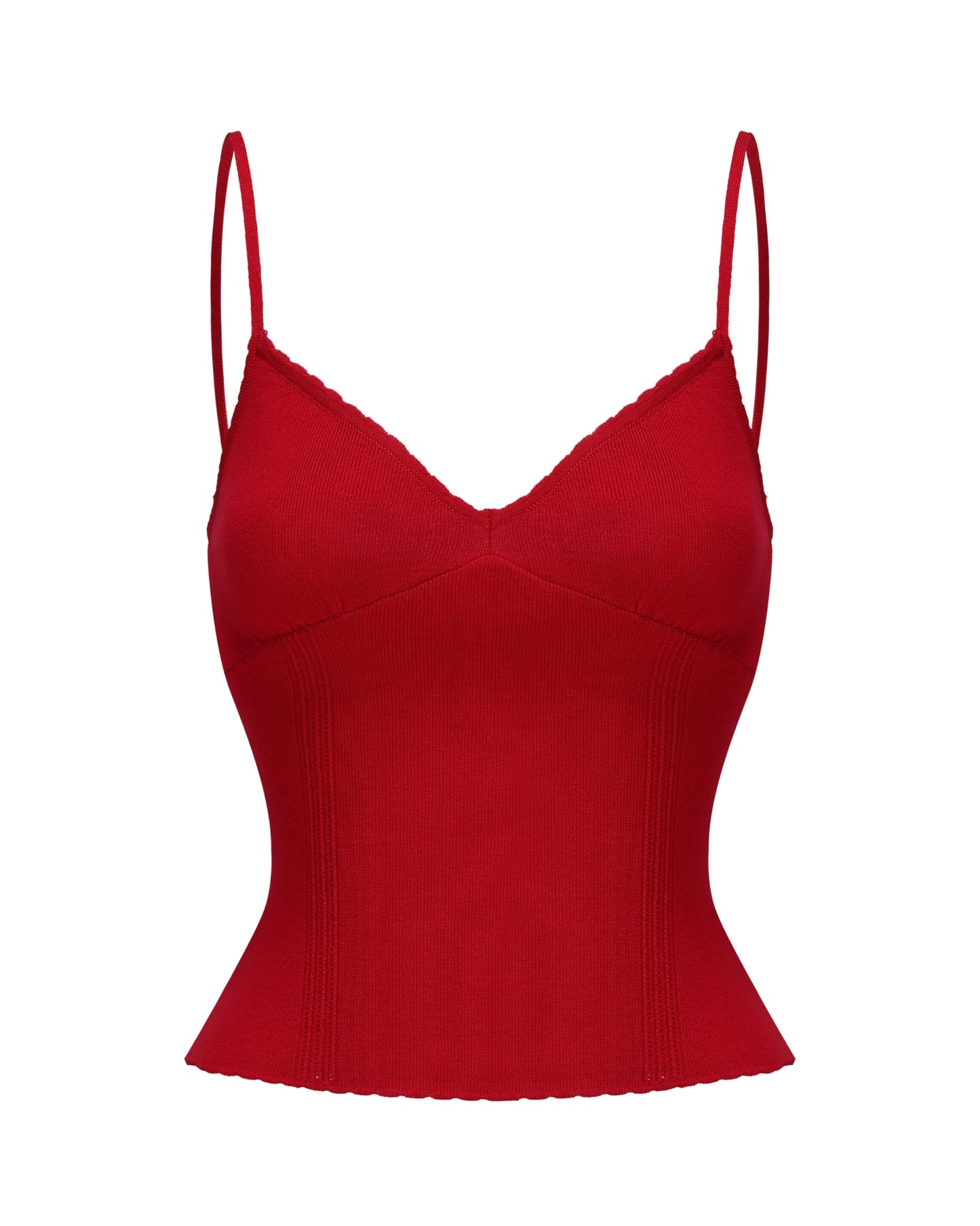 Red spaghetti strap knitted top on a white background
