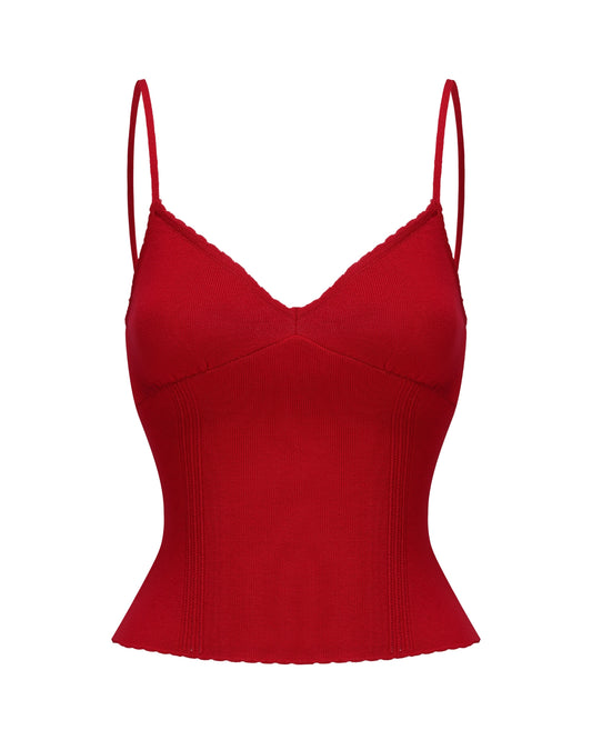 Red spaghetti strap knitted top on a white background