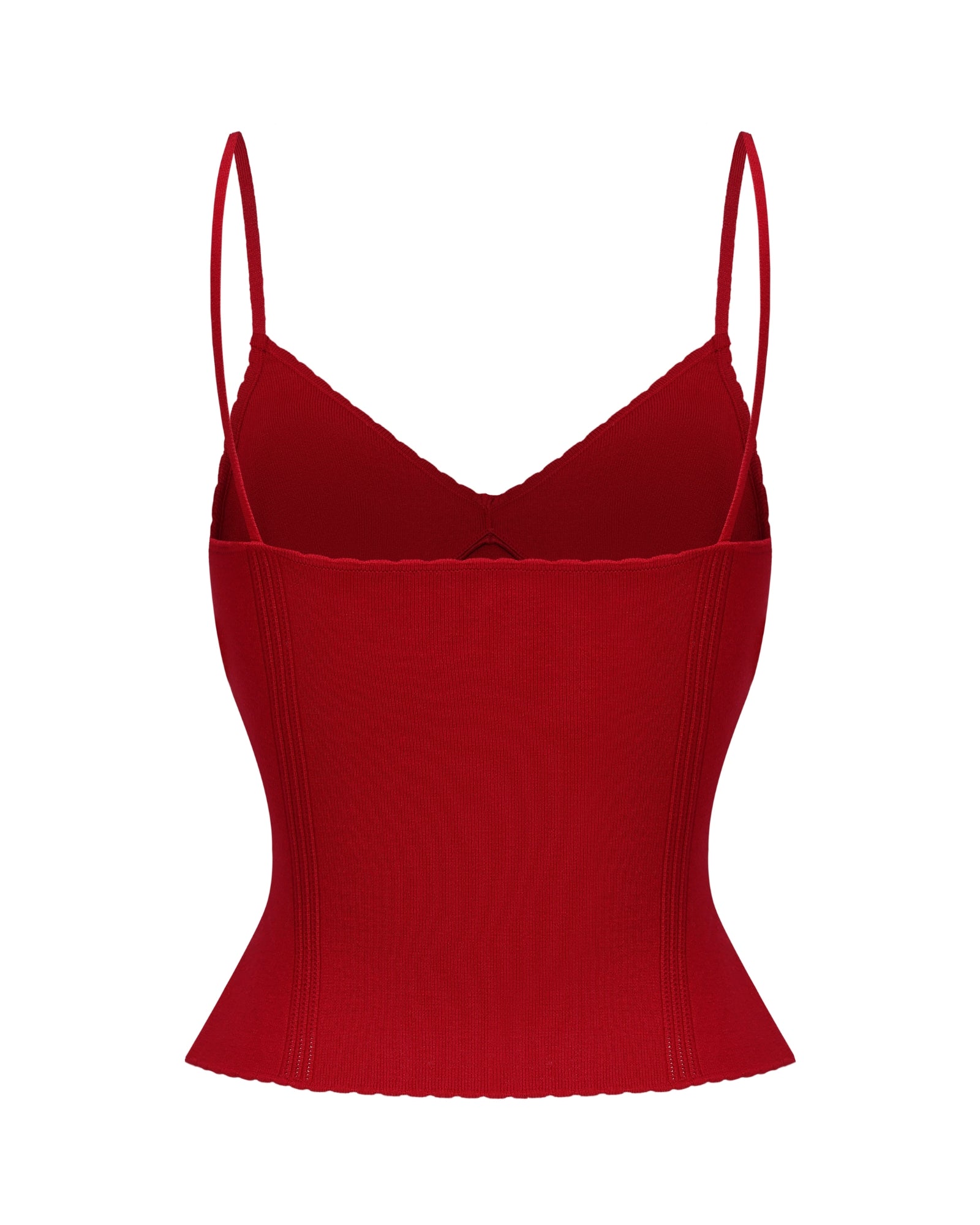Red knitted top with thin straps on a white background