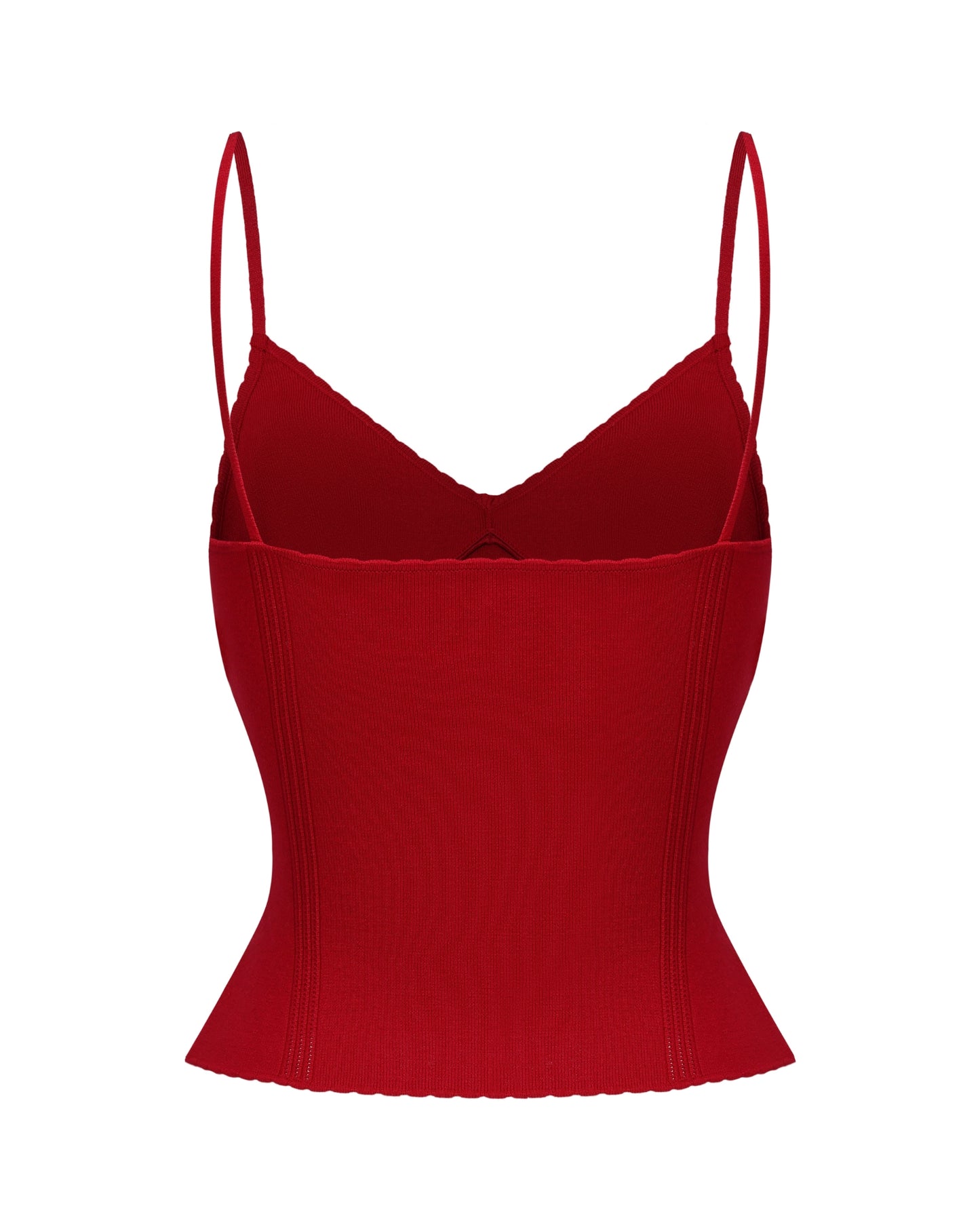 Red knitted top with thin straps on a white background