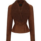 Brown suede jacket with a shearling trimmed collar on a white background