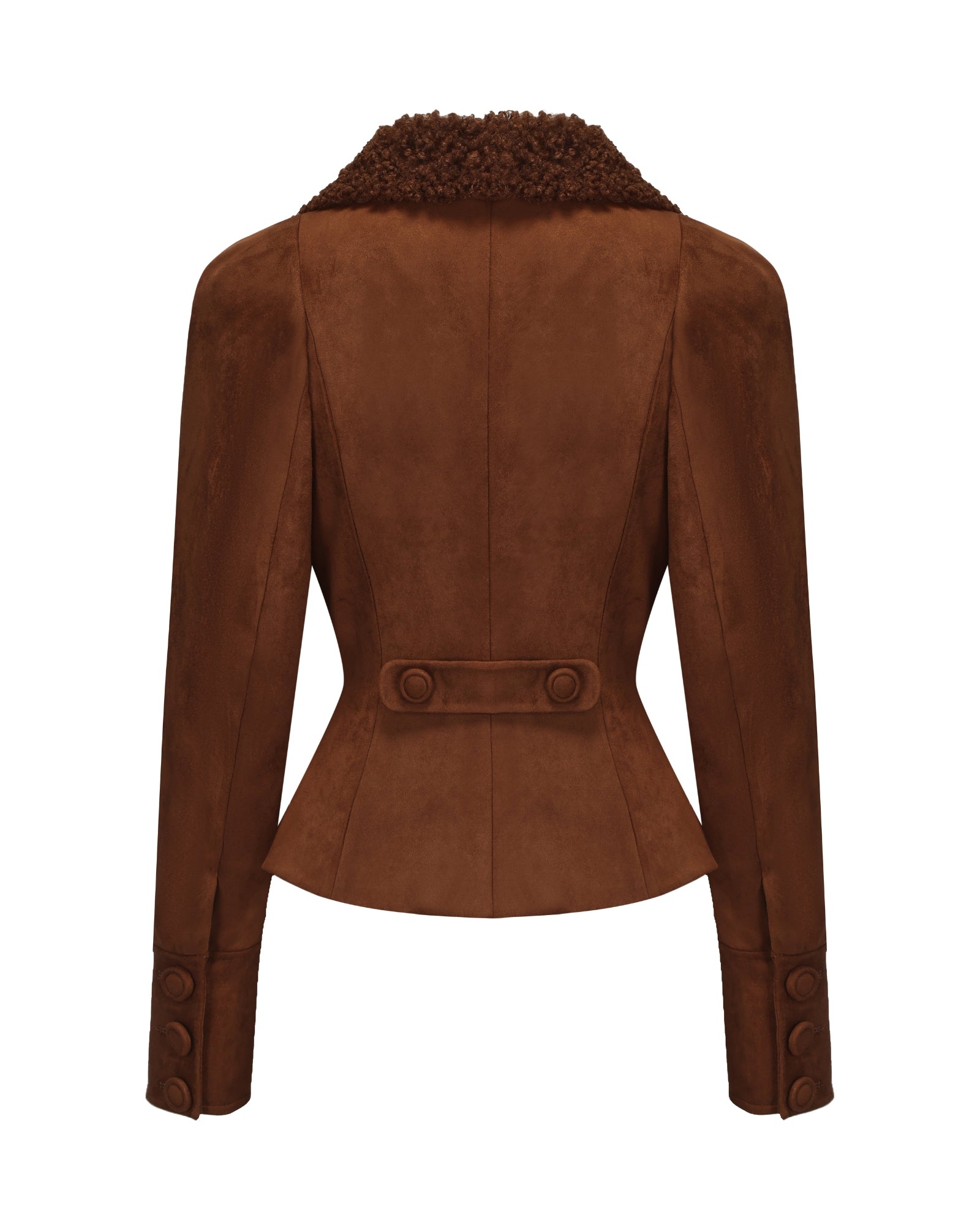 Brown suede jacket with faux fur collar on a white background