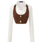White cropped blouse with a brown vest on a white background