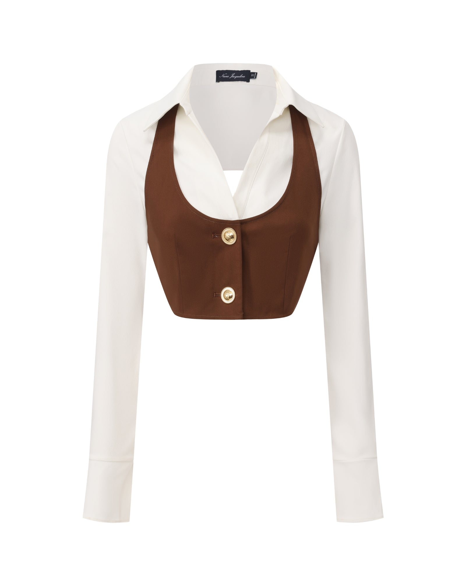 White cropped blouse with a brown vest on a white background