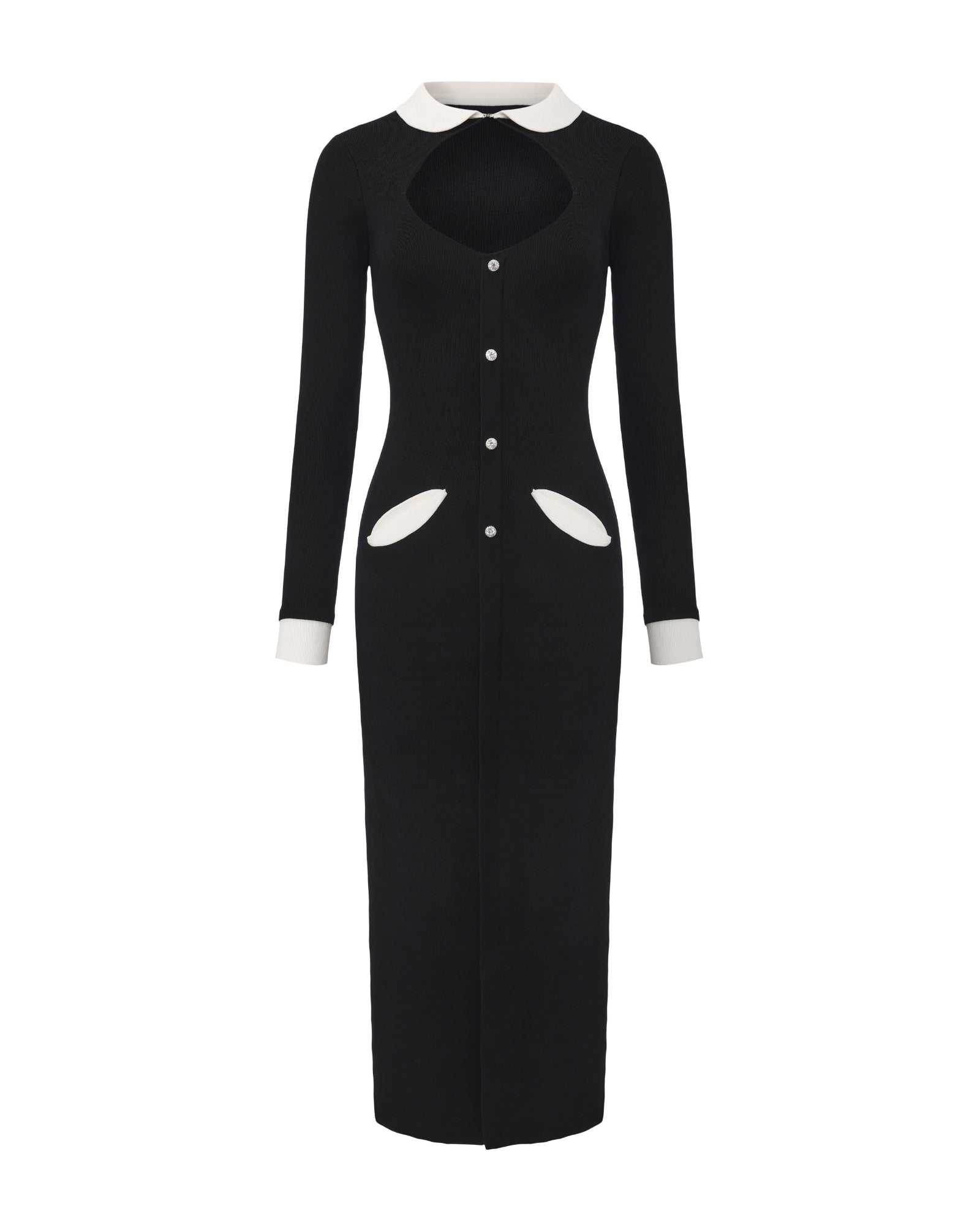 Black knit maxi dress with white collar, cuffs, and pocket trim