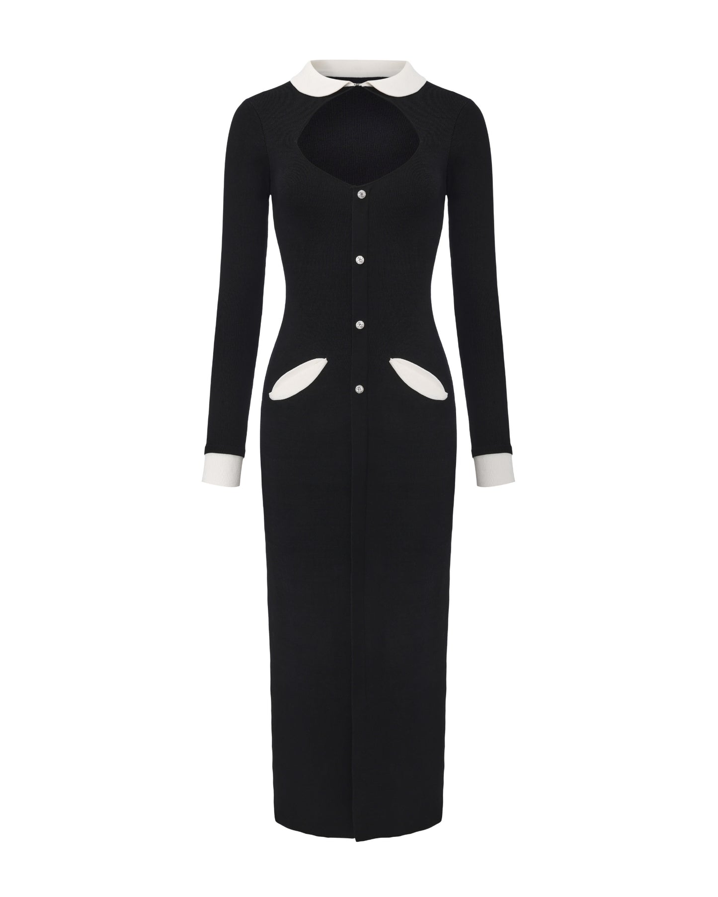 Black knit maxi dress with white collar, cuffs, and pocket trim