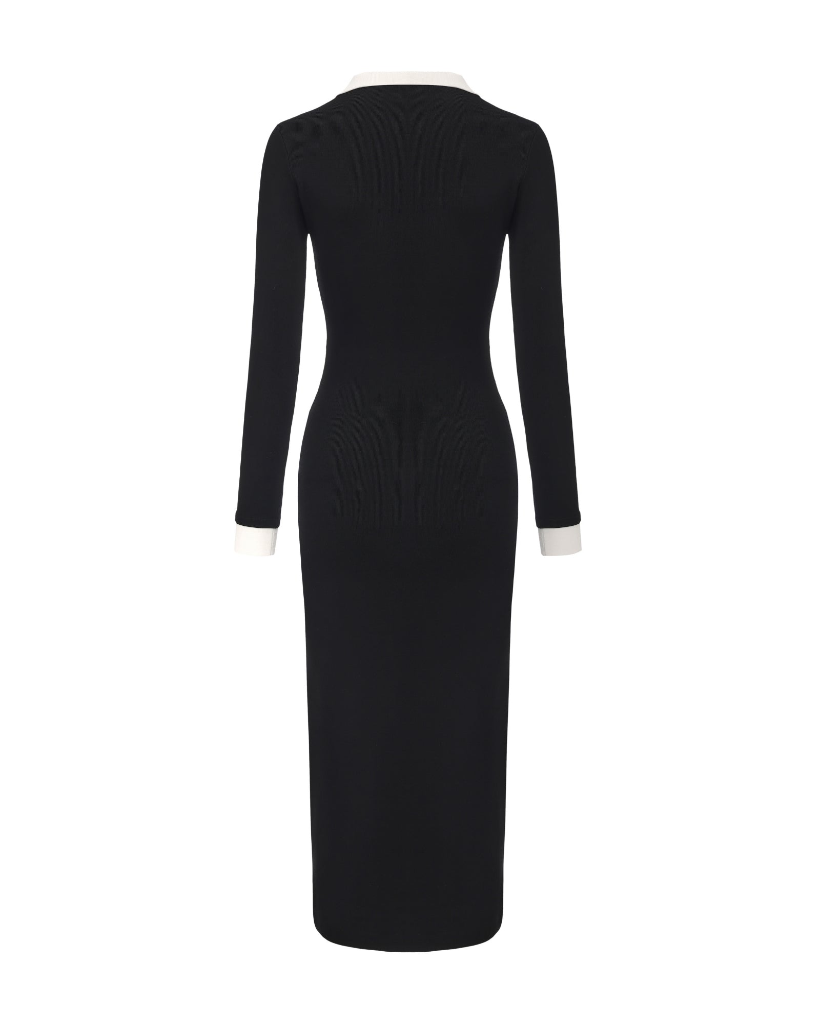 Black dress with white trim on a white background