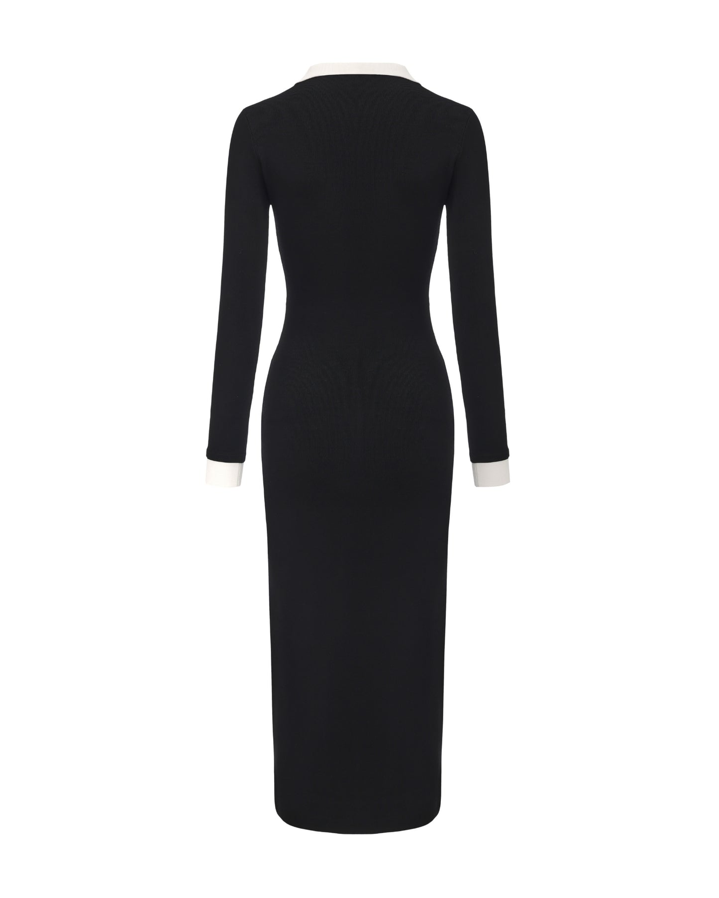 Black dress with white trim on a white background