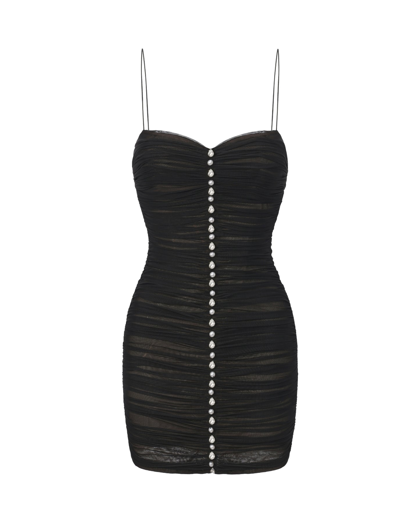 Black mesh mini dress with silver gemstone buttons on a white background