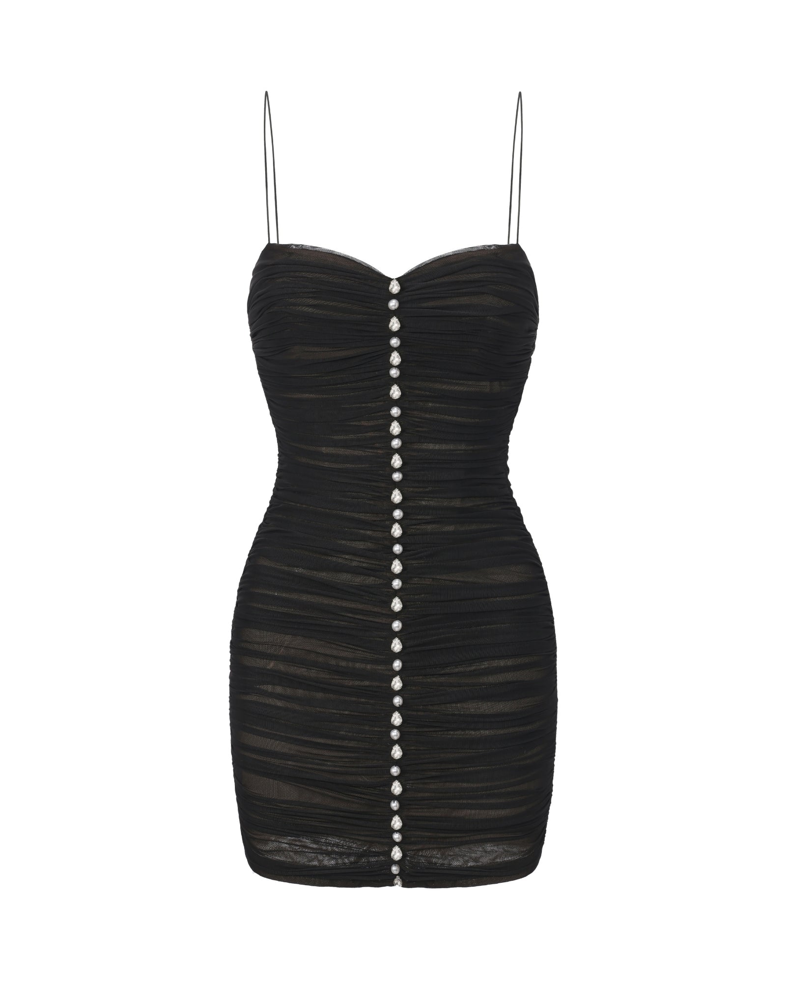 Black mesh mini dress with silver gemstone buttons on a white background