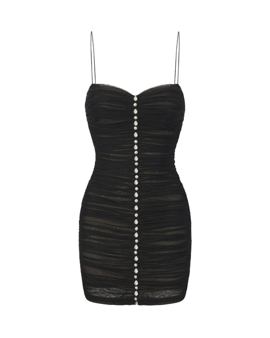 Black mesh mini dress with silver gemstone buttons on a white background