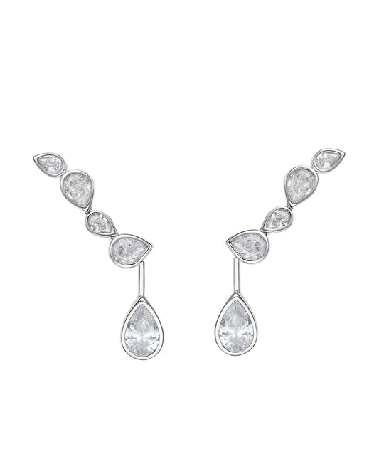 Pair of silver earrings with teardrop-shaped gemstones on a white background