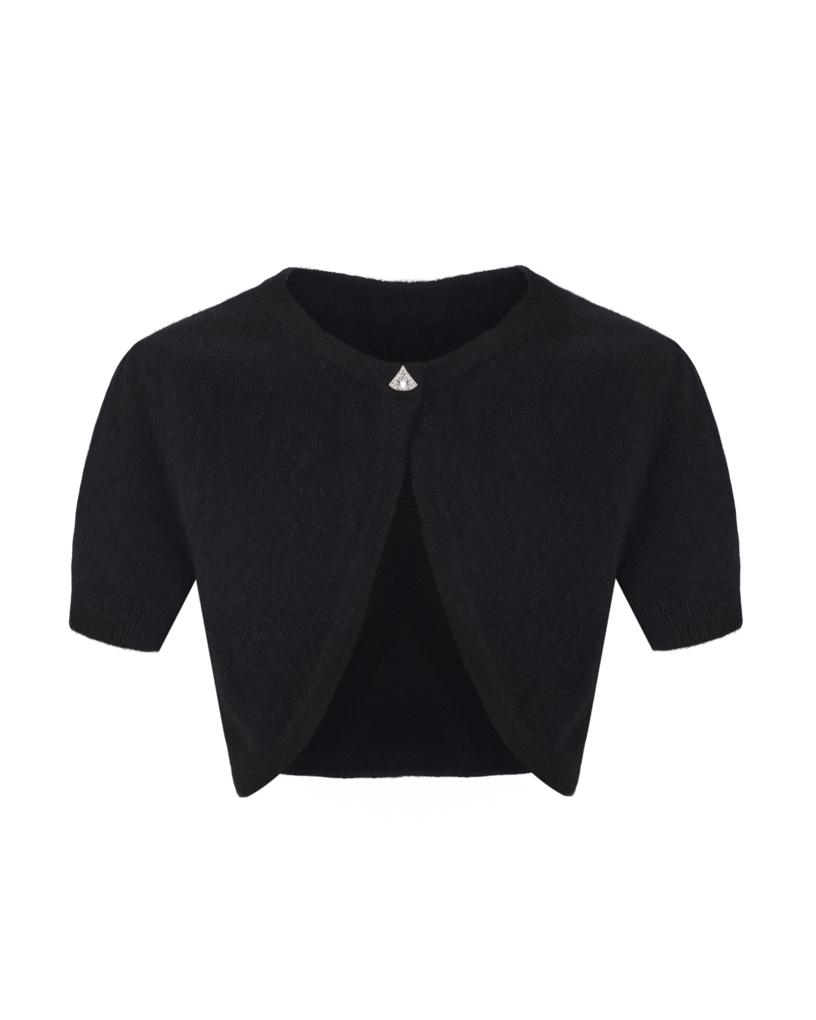 Retro-style cropped knit cardigan with rhinestone embellishments on a white background