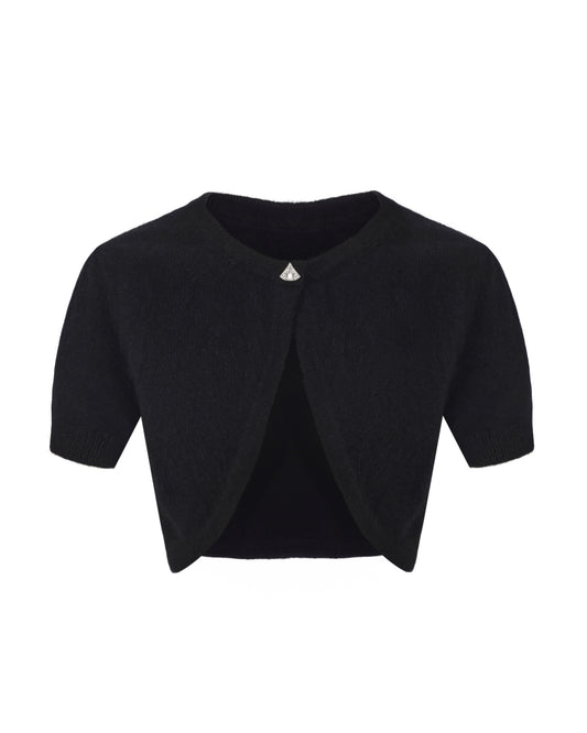 Retro-style cropped knit cardigan with rhinestone embellishments on a white background