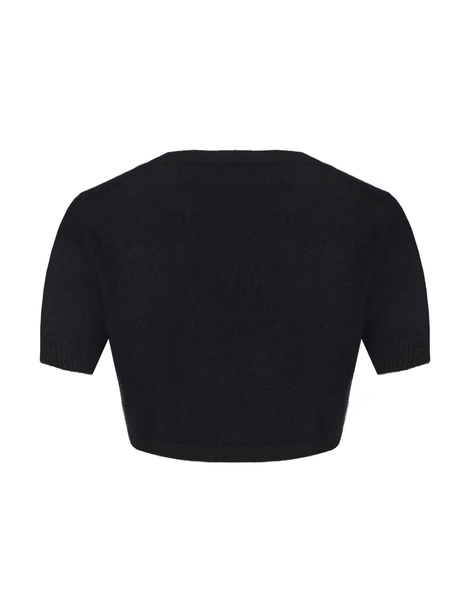 Retro-style cropped knit cardigan with rhinestone embellishments on a white background