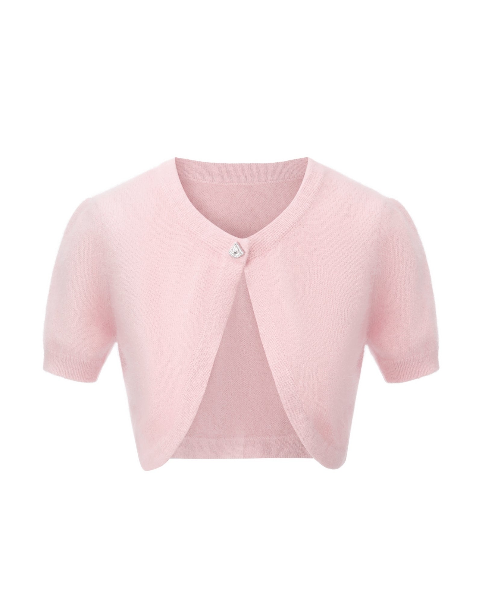 Retro-style pink cropped knit cardigan with rhinestone embellishments on a white background