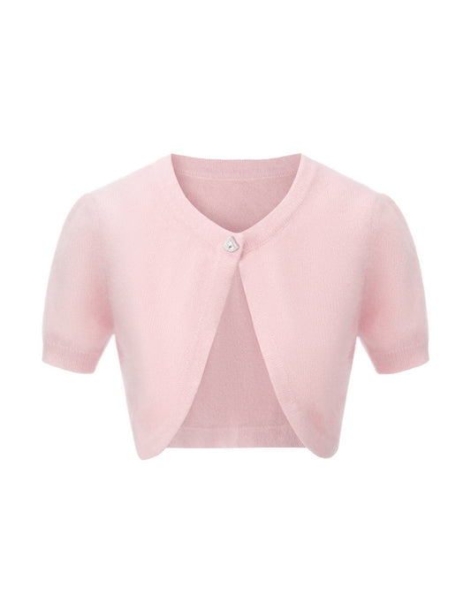 Retro-style pink cropped knit cardigan with rhinestone embellishments on a white background