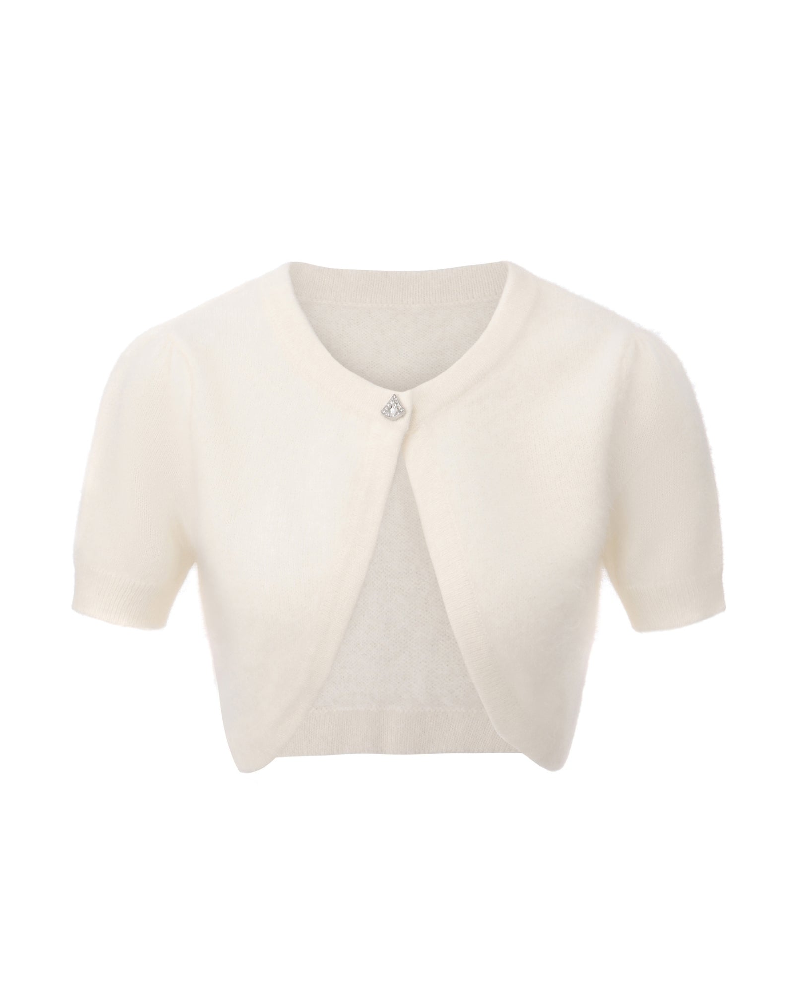 Retro-style white cropped knit cardigan with rhinestone embellishments
