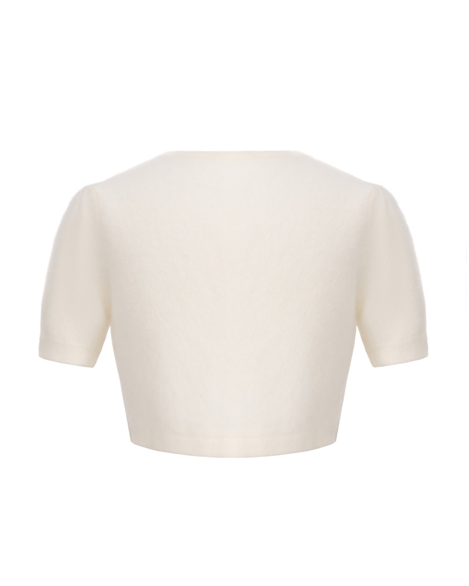 Retro-style white cropped knit cardigan with rhinestone embellishments