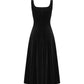 Black velvet maxi dress on a white background